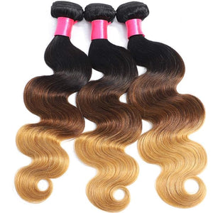 Ombre Human Hair Bundles 1b/4/27 Three Tone Brazilian Ombre Body Wave 3 Bundles 12 14 16inch 100% Unprocessed Virgin Human Hair Bundles Weaves Extensions for Women