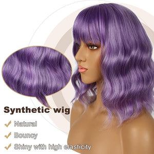 Short Bob Wigs with Bangs for Women Loose Wavy Wig Curly Wavy Shoulder Length Bob Synthetic Cosplay Wig for Girl Colorful Costume Wigs (Violet)