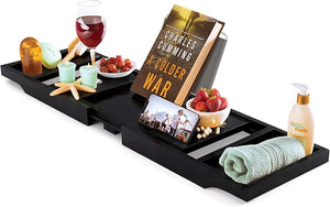 Wooden Bathtub Tray - Foldable &amp; Expandable Bamboo Bath Tray for Tub with Wine Holder, Book &amp; Tablet Stand - Bath Caddy Tray for Bathtub, Spa Bath Accessories, Tub Tray Table, (Black)