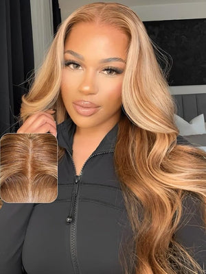 UNICE Bye Bye Knots Glueless Pre Everything Wig Body Wave Pre Cut 7x5 Lace Front Wigs Human Hair Pre Plucked Natural Hairline Honey Blonde Highlight 150% Density 20 inch