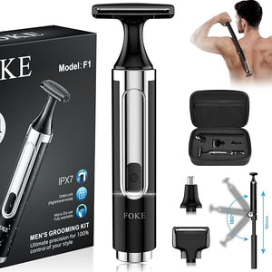 FOKE Back Shaver for Men Ultra-Wide 1.8 T-Shaped Head Includes Travel Case Mens Back Shaver Rechargeable with Long Handle Safety Lock Waterproof IPX7 Multi-Functional Body Hair Trimmer(Black)