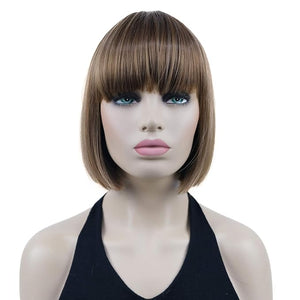 Lydell 8 Straight Short Bob Hair Flat Bangs Cute Central Dot Skin Top Heat Resistant Synthetic Wigs (V6 Light Reddish Brown with Blonde Highlight)