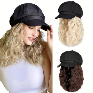 YEKEYI Beret Hat with Hair Newsboy Cap with Bob Hair Extensions Hat Wig Visor Beret Short Curly Wavy Hairpiece for Women