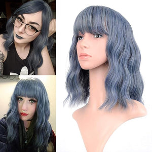 FAELBATY Blue Wigs With Air Bangs Shoulder Length Short Wave Wig For Women Curly Wavy Synthetic Cosplay Wig Blue Wig for Girl Halloween Costume Wigs (12 Dusky Blue Color)