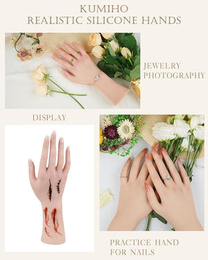 KUMIHO Realistic Silicone Female Hand Model Fake Hand for Jewelry Display Tattoo Training Practice Art Sketch with Nails Left Hand - with Skeleton Brown