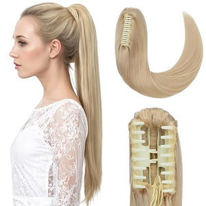 Hairro Claw Clip In Ponytails 100% Real Human Hair Ponytail Hair Extensions Jaw On Ponytail Extensions Jaw/Claw Clips Pony Tail Hairpieces For Women 14 Inch 105g #613 Light Blonde