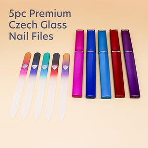 Bona Fide Beauty Czech Glass Nail File for Natural Nails Set 5-Pack Etched Files with Hardcases (180/240 grit). Genuine Bohemian Glass from The EU.