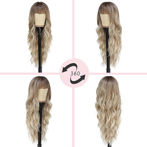 NAYOO Blonde Wigs with Bangs for Women Long Curly Wavy Hair Wigs Heat Resistant Synthetic Fiber Wigs for Daily Party Use 26 Inches (Dirty Blonde)