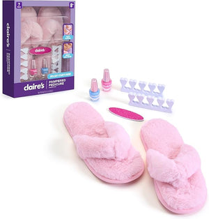 Claire's Kids Pedicure Kit, 7-Piece Home Spa Set with Fuzzy Slippers, Nail Polish, Toe Separators &amp; Nail File, Kids Pedicure Tools for Feet, Girl Toys &amp; Beauty Activity, Gift for Girls Age 8+