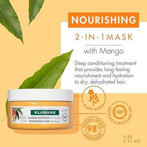 Klorane Nourishing 2-in-1 Mask with Mango Deep Conditioning and Overnight Treatment for Dry Hair Paraben Silicone and Sulfate Free Biodegradable Vegan 5 fl.oz.
