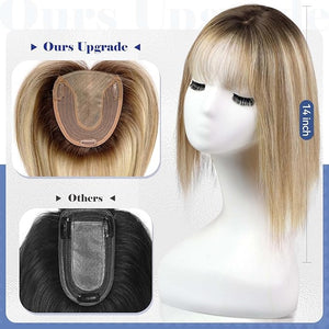 HAIRCUBE Hair Toppers for Women Real Human Hair With Bangs 5 * 5.5 inch Base 14 inch ombre Brown with Blonde Highlight£¨T4/613/6#£© Human HairTopper for Women with ThinningHair Cover Gray Roots