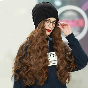 Women Winter Beanie Hat wig Knit with Long Straight/wig Wavy Curly Hair Wig Attached 23.6 Inch Synthetic Hairpiece