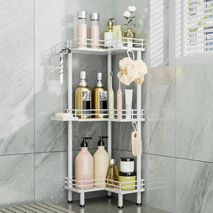 Consumest Corner Shower Caddy Standing - 3-Tier Stainless Steel Shower Organizer with Soap Holder and 4 Hooks Large Capacity Corner Shelf Stand for Bathroom Rest Room White