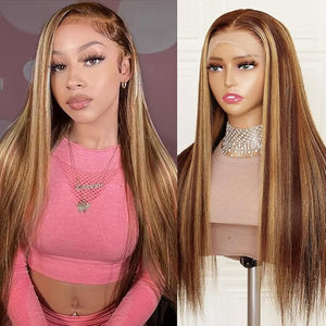 Azkiu 28Inch Highlight Ombre Lace Front Wig Human Hair Pre Plucked 13x4 HD Transparent 4/27 Honey Blonde lace frontal Wigs with Baby Hair 180% Density Colored Straight Lace Front wig
