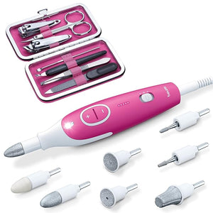 Beurer MP44 Professional Manicure and Pedicure Nail Drill Set E-File with 7 attachments LED Light Electric Nail File with Additional Manual Nail kit Pink