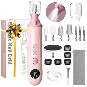 Professional Manicure Pedicure Electric Toenail Grinder Kit - Cordless Electric Nail File Set for Thick Nails Hand Feet Care 15 SpeedNail Drill with LED Display Ideal Gift for Men and Women-Pink