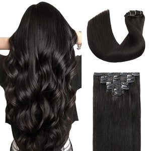 Hairro Clip in Hair Extensions Real Human Hair 16 Inch 7pcs 120g Seamless Long Straight Remy Human Hair Black Thick Handmade Double Weft Clip on Hair Extensions for Women #1B Natural Black