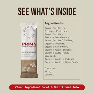 Prima Ancestral Protein Bar ? Clean Grass Fed Protein Bar with Whey Collagen Honey and Coconut ? 16g Protein No Preservatives or Seed Oils ? Cookie Dough - 7 Pack