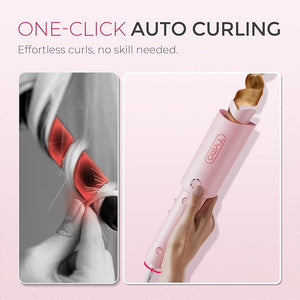 TYMO Automatic Rotating Curling Iron - TYMO CURLPRO Beach Waves Curling Wand Portable Hair Curler 500 Million Ionic Dual Voltage &amp Lightweight for Travel Ceramic Coating 1 1/4 Inch Pink