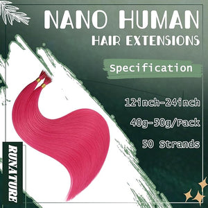RUNATURE Nano Extensions Human Hair Hot Pink Hair Extensions Real Human Hair 14 Inch Remy Nano Tip Hair Extensions Straight Nano Ring Hair Extension 50g 50s