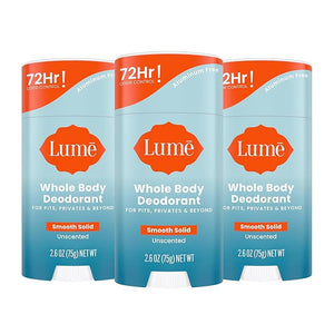 Lume Whole Body Deodorant - Smooth Solid Stick - 72 Hour Odor Control - Aluminum Free Baking Soda Free and Skin Loving - 2.6 Ounce (Pack of 3) (Unscented)