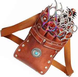 Hairstylist Waist Bag 7-Slot PU Leather Barber Scissors Tool Bag Shear Holder Detachable Hair Cutting Organizer for Combs Clippers and Spray Bottles (Coffee)