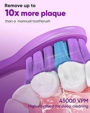 MySmile DY156 Electric Toothbrush for Adults Rechargeable Sonic Battery Toothbrush Portable with 3 Brush Heads 2 Mins 5 Modes Smart Timer 45000VPM One Charge for 60 Days - Purple