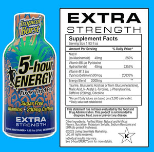 5-hour ENERGY Shots Extra Strength, Tropical Burst Flavor, 30 Count, 1.93 Fl Oz, Sugar Free, Zero Calories, Amino Acids and Essential B Vitamins, Dietary Supplement, Feel Alert and Energized, 230 mg C