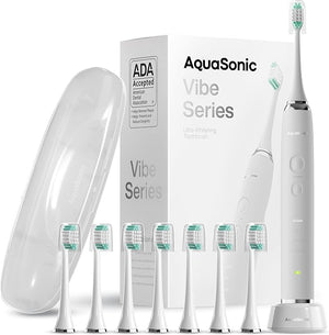 Aquasonic Vibe Series Ultra-Whitening Toothbrush ? ADA Accepted Electric Toothbrush - 8 Brush Heads &amp; Travel Case ? 40,000 VPM Motor &amp; Wireless Charging - 4 Modes w Smart Timer ? Optic White