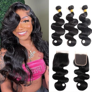 12A Human Hair Bundles with Closure 14 16 18+12 Inch Human Hair 100% Brazilian Virgin Body Wave 3 Bundles with 4x4 Lace Closure Natural Black
