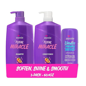 Aussie Total Miracle Hair Care Bundle: Shampoo Conditioner and 3 Minute Deep Treatment with Apricot &amp Macadamia Oil Paraben-Free for Damaged Hair 26.2 &amp 8 Fl Oz