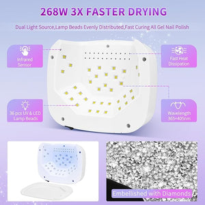 UV LED Nail Lamp Dryers &amp Gloves 268W Diamond UV Light for Gel Nails PolishFast Curing Colored Poly Builder Gel Lamp with Sensor 4 Timer Touch Screen 36 LEDProfessional Manicure Pedicure Art Too