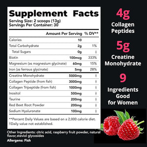 Pre Workout Creatine for Women | 5g Creatine Monohydrate + 4g Collagen Peptides Complex Creatine Powder | Sugar-Free Gluten-Free Non-GMO Easily Soluble | Raspberry 30 Servings