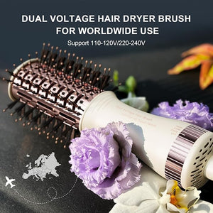 Travel Dual Voltage Hair Dryer Brush 4-IN-1 Portable Mini Hot Air Blow Dryer Straightener &amp Curler Brush Titanium Round Blowout Styler Volumizer Tools 110/240V US/EU/UK Plug for International Tr