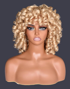 Short Blonde Kinky Curly Wigs Human Hair Mixed Synthetic with Bangs Soft Afro Volume for Black Women Daily Use