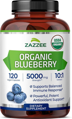 Zazzee USDA Organic Blueberry 10:1 Extract 5000 mg Strength 120 Vegan Capsules 4 Month Supply Concentrated and Standardized 10X Whole Fruit Extract 100% Vegetarian Non-GMO Made in The USA