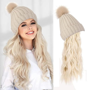 Women Winter Beanie Hat with Wig Big Wavy Curly Hair Extensions Knit ski Snow Cap Attached Party Daily Weddings Wig