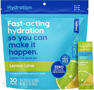Hydrant Hydrate Individual Hydration Electrolyte Powder Stick Packets with No Artificial Sweeteners Colors or Fillers (Lemon Lime 30 Pack)