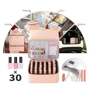Portable Nail Polish Storage Bag with UV Light Case - Holds 30 Bottles and 1 UV LED Nail Lamp, Double-Layers Nail Dryer Case for Gel Nail Polish Kit, Nail Art Decorations (Woven Pink)