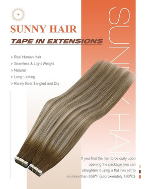 Sunny Hair Tape in Hair Extensions Real Human Hair Invisible Remy Hair Extensions Tape ins for Women Medium Brown Root to Platinum Blonde Balayage 16 inch 20Pcs 50G