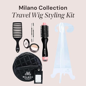 Milano Collection Travel Wig Styling Kit Portable Travel Wig Stand with Compact Round Travel Case to Protect Wigs Scalp Illusion Duo Hot Air Brush &amp Gentle Brush for Wig Styling On-the-Go