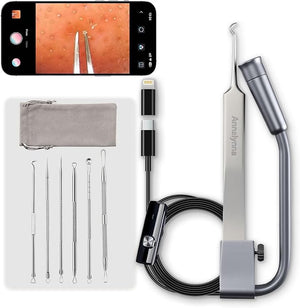 Luma 1 Visual Blackhead Remover Tweezers with Camera - Pimple Popper Tool with Camera 20x Magnification, 1080P, 8 LED Lights, with Blackhead Remover Pimple Popper Tool Kit (6 Piece Kit),Gray Blue