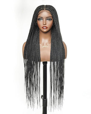 Pre-Bleached Human Hair Lace Base HD Full Lace Knotless Box Braided Wig - Swiss Lace Lightweight with Human Baby Hair 36 inches 100 Strands Black 1B