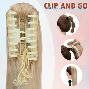 Hairro Claw Clip In Ponytails 100% Real Human Hair Ponytail Hair Extensions Jaw On Ponytail Extensions Jaw/Claw Clips Pony Tail Hairpieces For Women 14 Inch 105g #613 Light Blonde