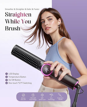 Hair Straightener Brush for Women: Negative Ionic 3-in-1 Curling &amp Straightening Brush Ceramic Hot Comb with 15 Temps for Hair Styling