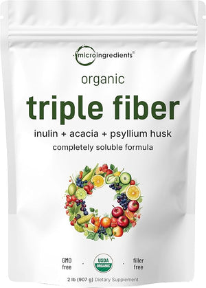 Micro Ingredients Organic Triple Fiber Powder, 2lb | Natural Prebiotic to Support Digestive &amp; Gut Health | Soluble, Easily Digestible | Unflavored, Vegan