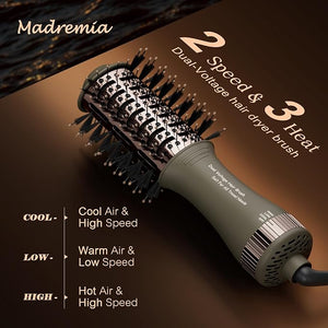 Travel Dual Voltage Blow Hair Dryer Brush 4-IN-1 Portable Mini Hot Air Dryer Straightener &amp Curler Brush Titanium Round Blowout Styler Volumizer Tools 110/240V US/EU/UK Plug for International Tr