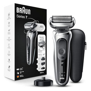 Braun Electric Razor for Men Waterproof Foil Shaver Series 7 7027cs Wet &amp Dry Shave with Beard Trimmer Rechargeable Charging Stand and Travel Case Included Silver Black