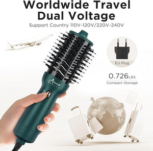 Aima Beauty Hair Dryer Brush Dual Voltage Worldwide Travel Blow Dryer Brush Hot Air Brush Oval Barrel 110-120V/220-240V 360¡ÆAirflowNegative Ionic Frizz-Free Dry/Straightening/Voluming Dark Green