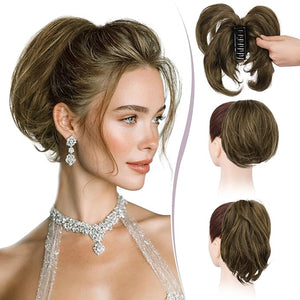 RUWISS Claw Clip Short Human Hair Ponytail Extension with Bendable Metals for DIY Styles Straight Messy Bun Hair Piece for Women Thick Hairpieces for Daily Wear 9 Inch Brown Mixed